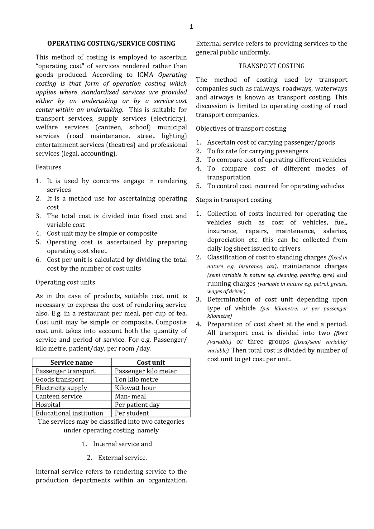 9 Operating Costing - Study Notes - 1 OPERATING COSTING/SERVICE COSTING ...