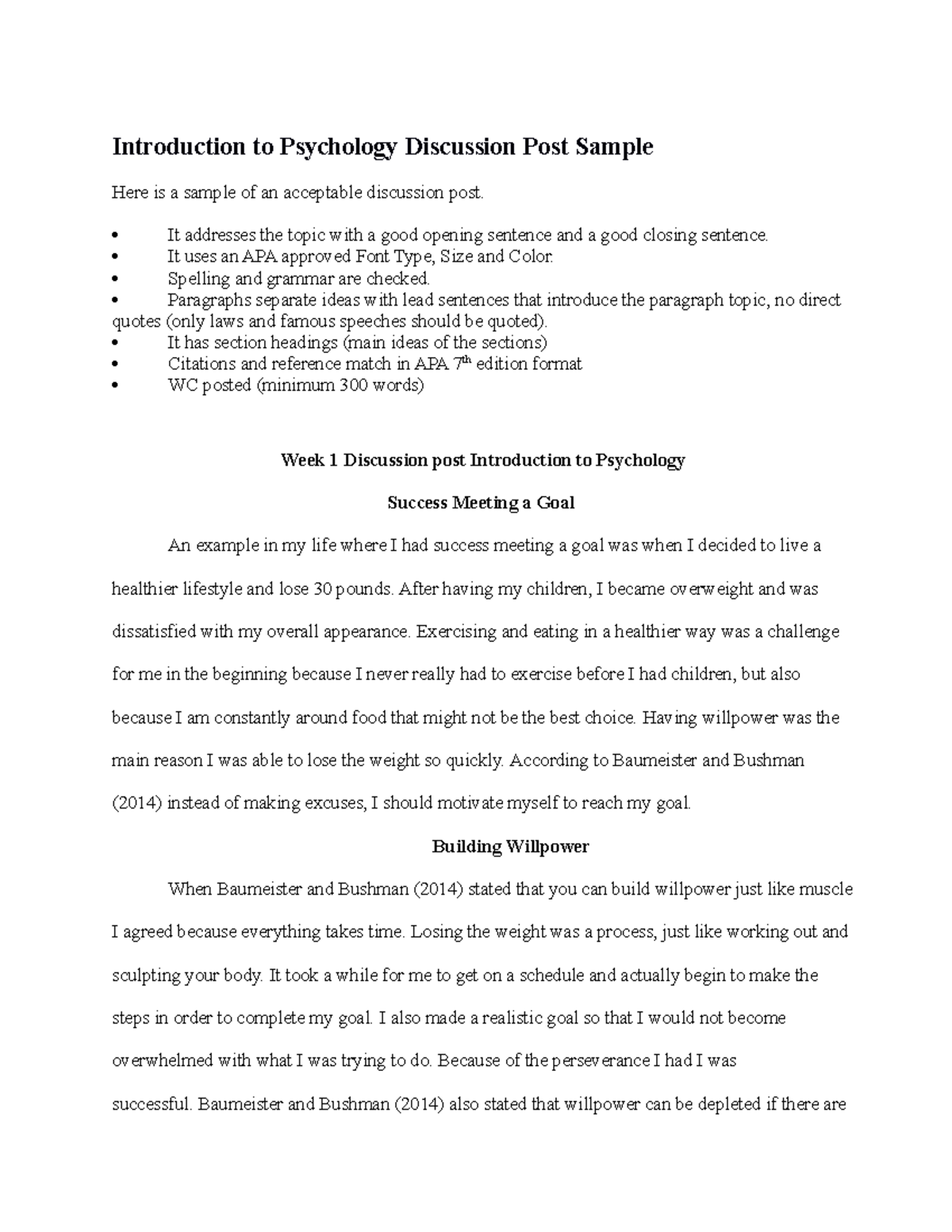 PSy1021 Discussion Post(1) - Introduction to Psychology Discussion Post ...