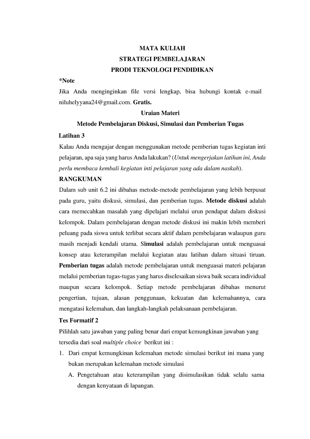 Metode Pembelajaran Diskusi, Simulasi Dan Pemberian Tugas Part 6 - MATA ...