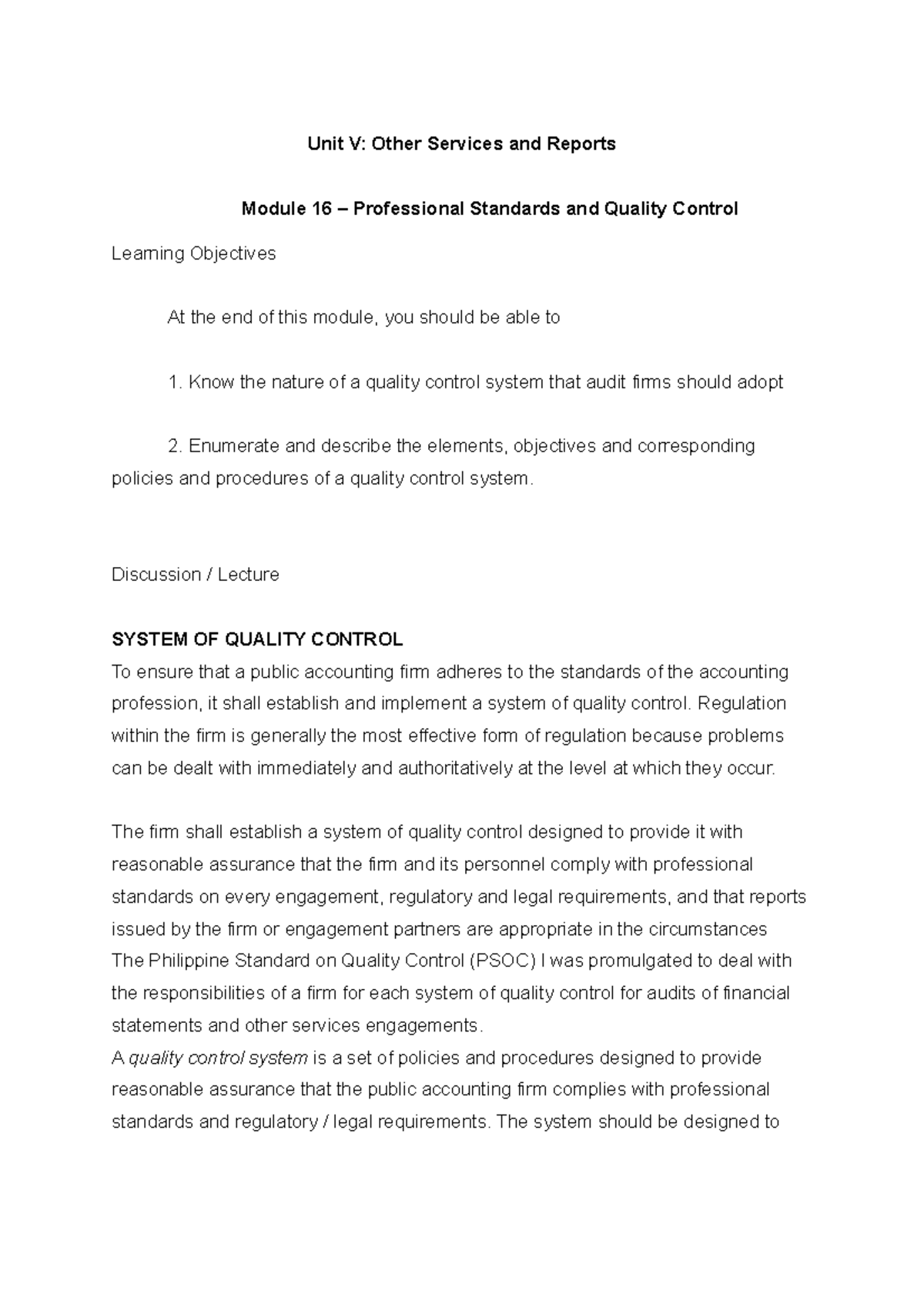 Module 16 Professional Standards and Quality Control - Unit V: Other ...