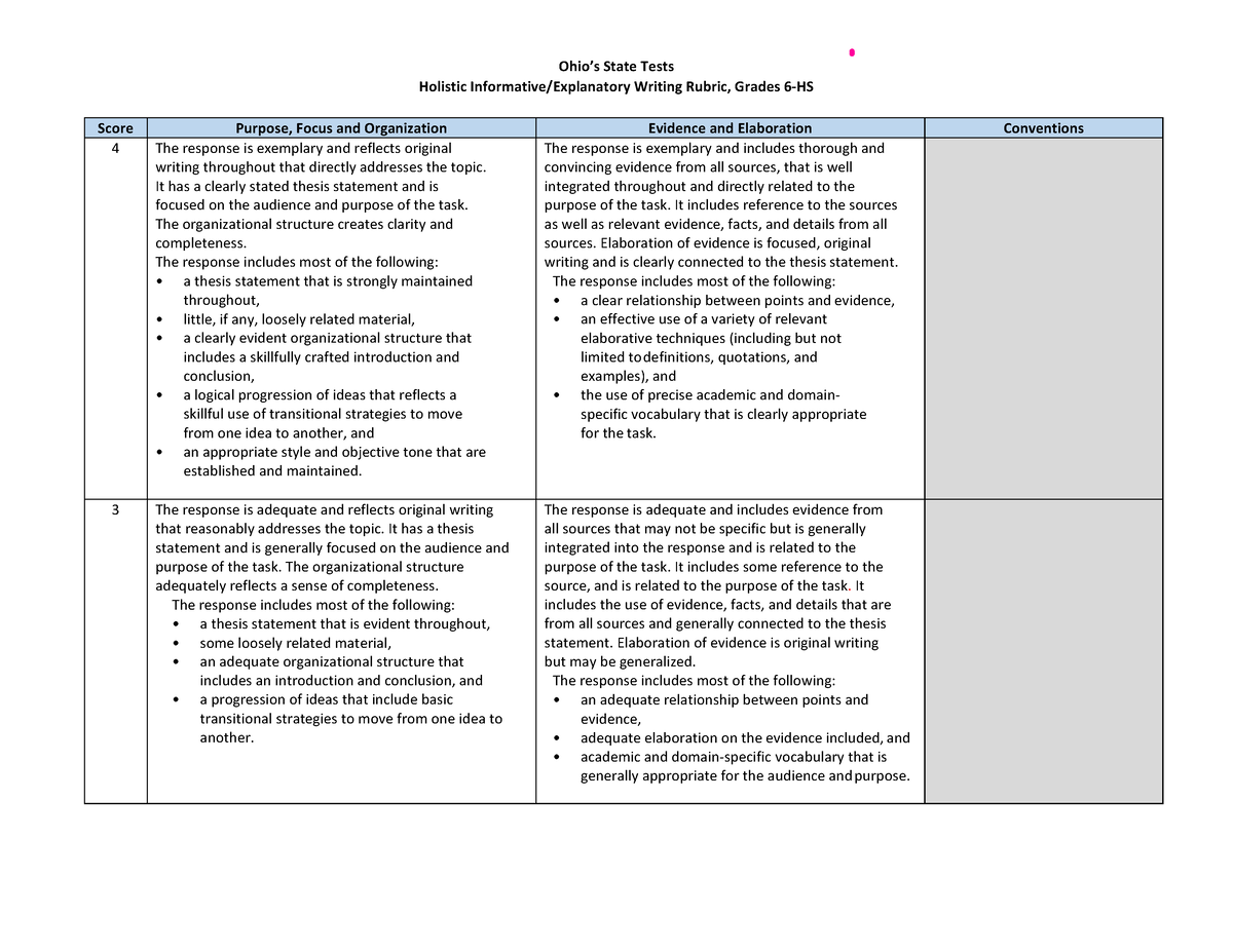 informative essay rubric ohio