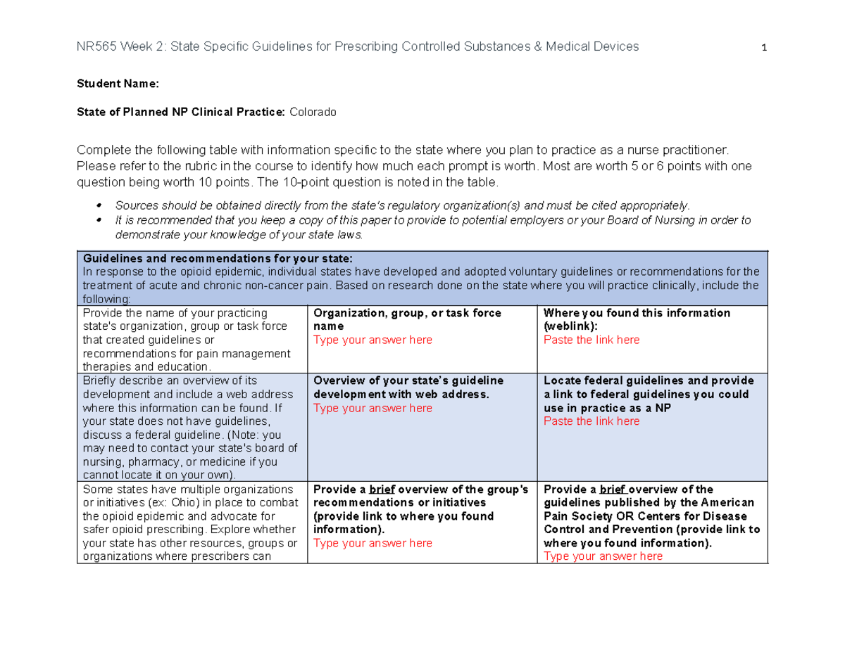 NR565 Week 2 State Specific Guidelines For Prescribing Controlled ...