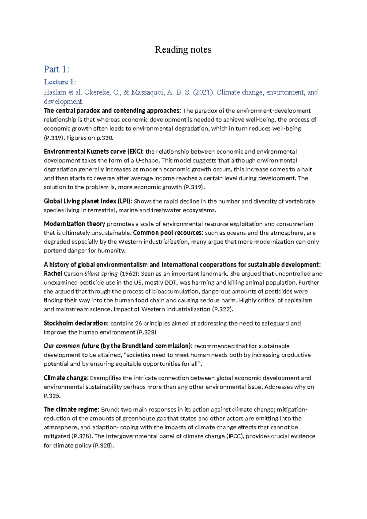 Reading notes Sustainable development - Reading notes Part 1: Lecture 1 ...