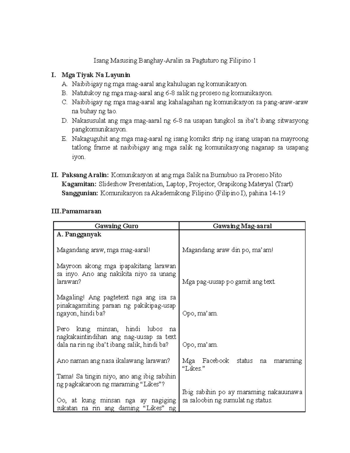 FIL 1 LP - Banghay Aralin - Isang Masusing Banghay-Aralin Sa Pagtuturo ...