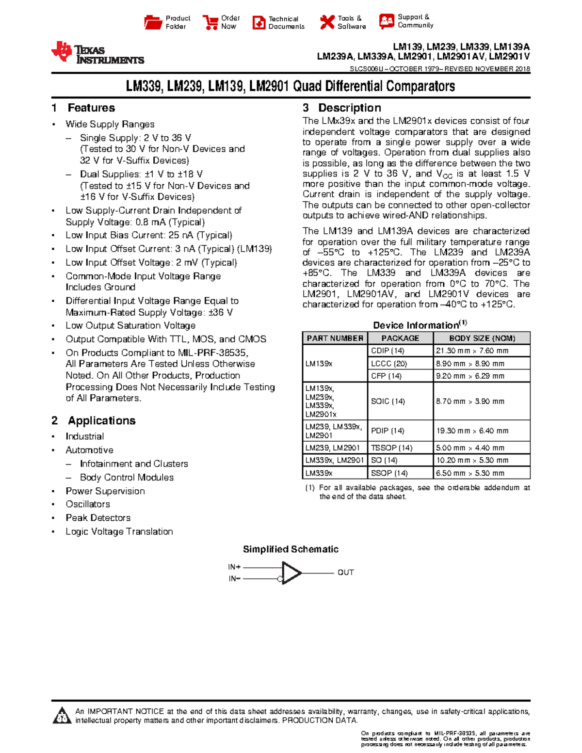 Datasheet 339 - IN+ IN− OUT Product Folder Order Now Technical ...