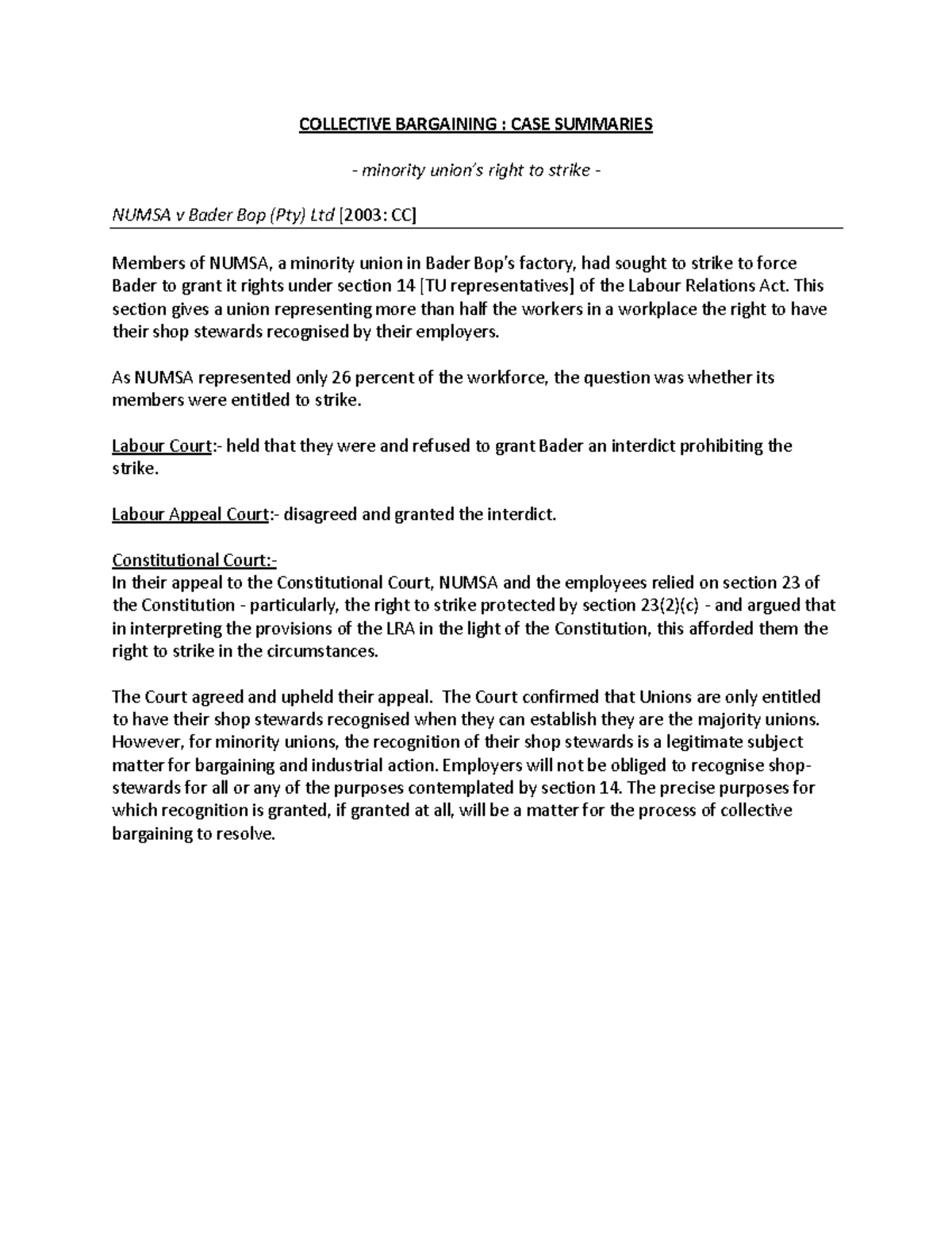 MRL3702 Collective bargaining case summaries - COLLECTIVE BARGAINING ...