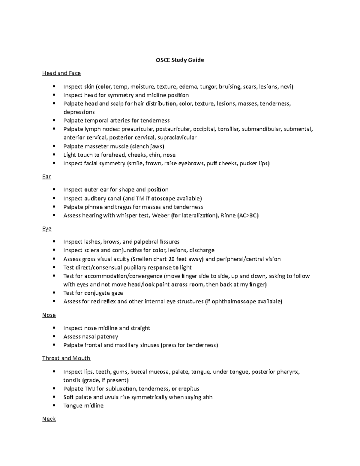 OSCE Study Guide assessment OSCE Study Guide Head and Face Inspect skin (color, temp, moisture