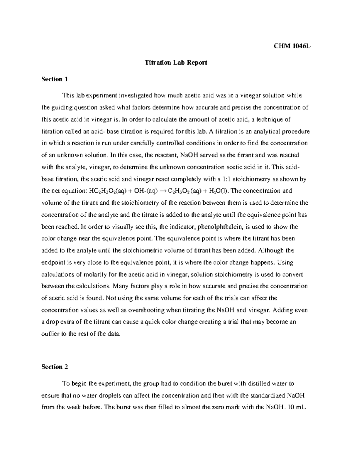 Titration lab report - CHM 1046L Titration Lab Report Section 1 This ...