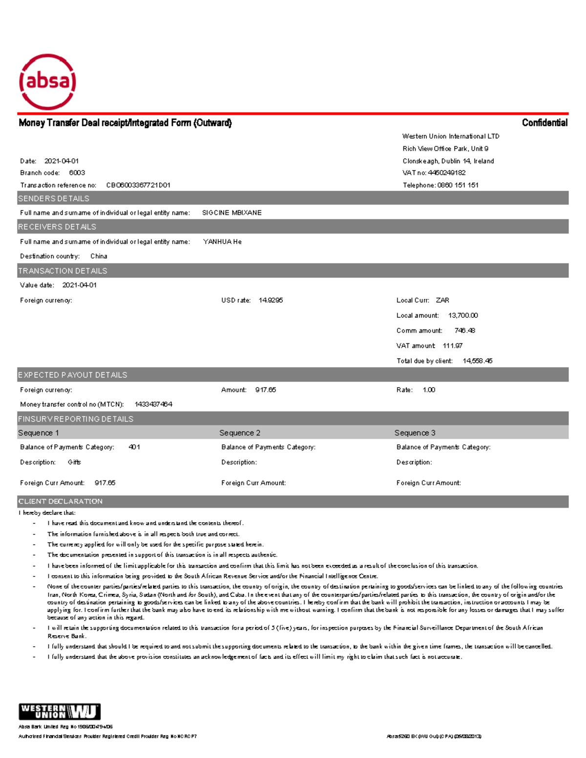 Western Union Outbound 2222 - Absa Bank Limited Reg No 1986 004794 