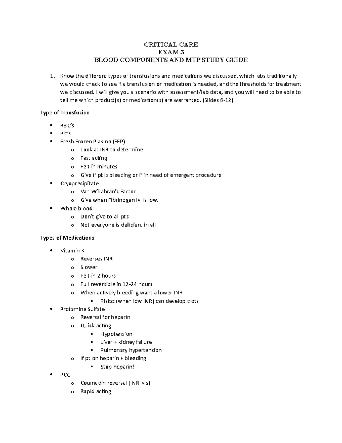 Hematology Study Guide - CRITICAL CARE EXAM 3 BLOOD COMPONENTS AND MTP ...
