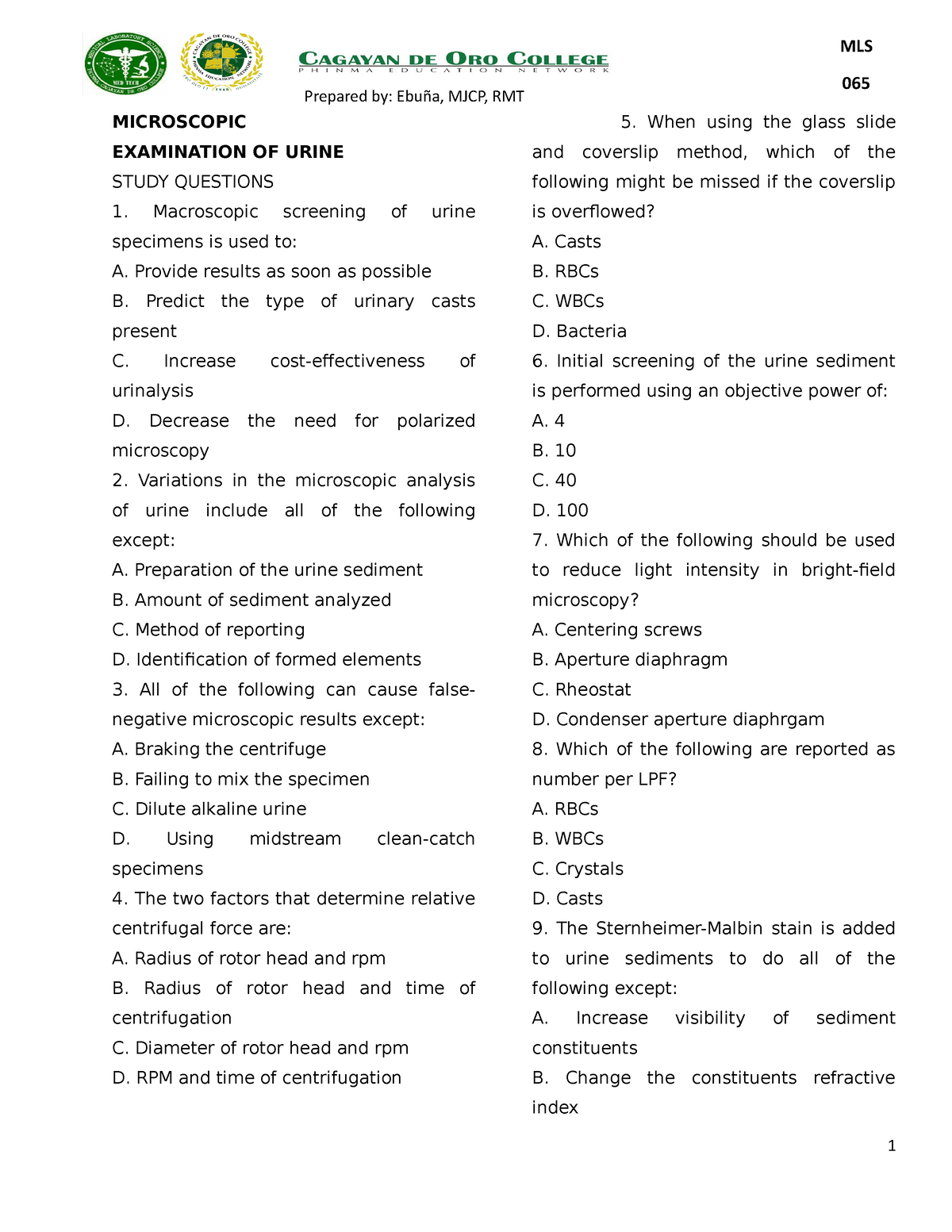 AUBF Study Question - MICROSCOPIC EXAMINATION OF URINE STUDY QUESTIONS ...