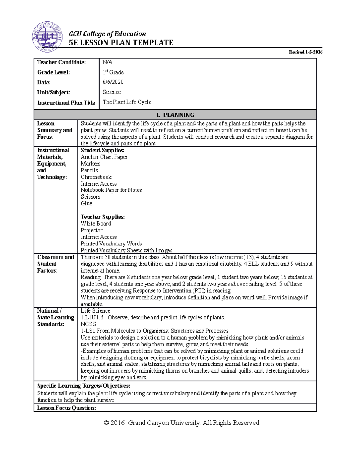 5E Lesson Plan GCU College Of Education 5E LESSON PLAN TEMPLATE 