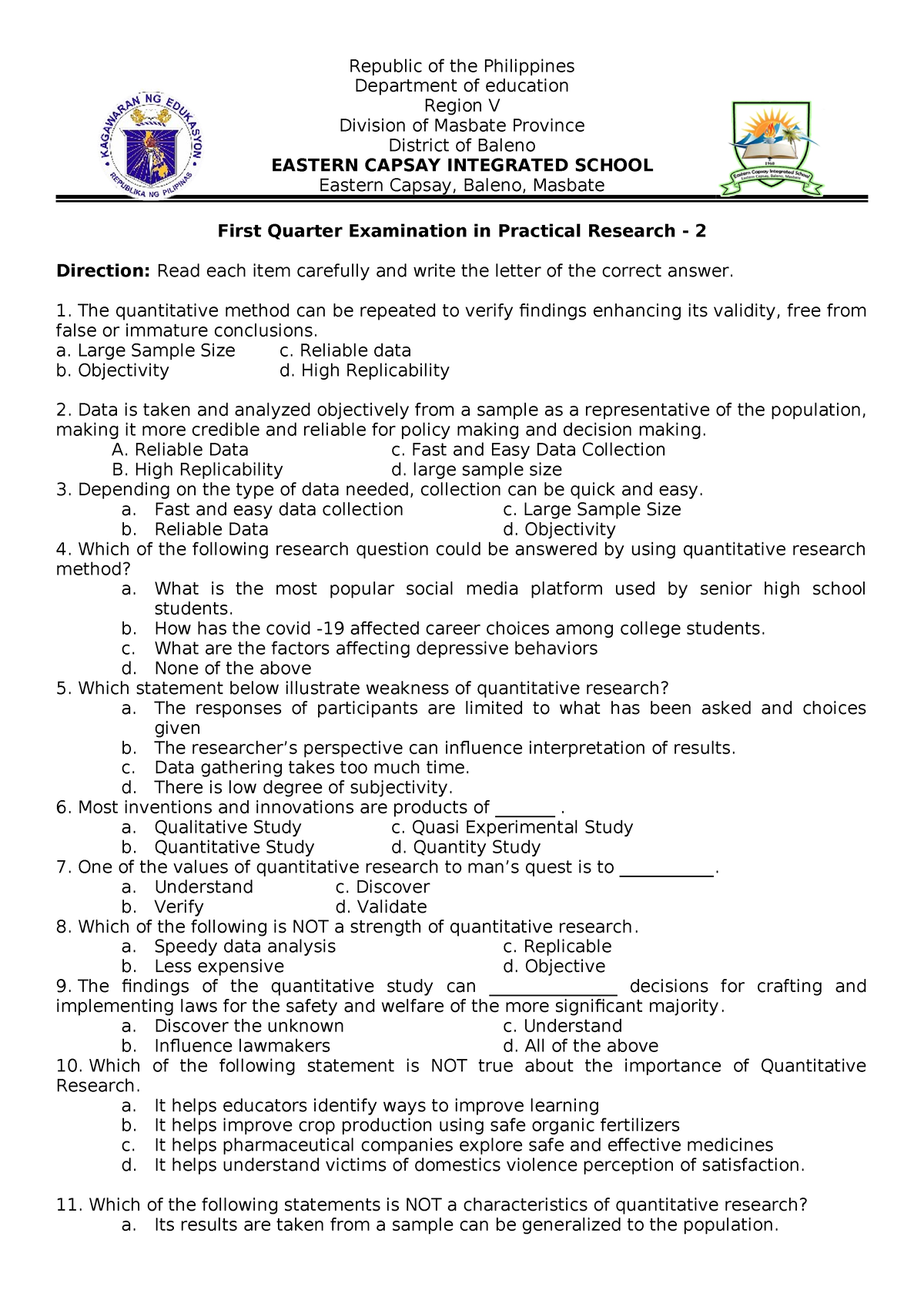 Practical Research Examination 1st Quarter - Republic Of The ...