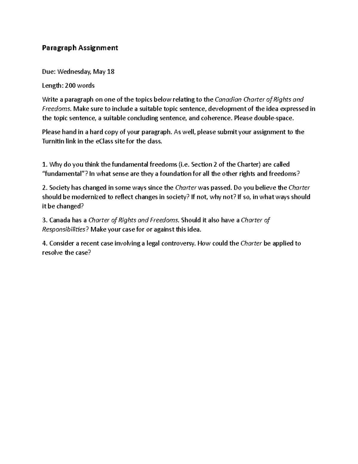 Paragraph on Charter assignment - Paragraph Assignment Due: Wednesday ...