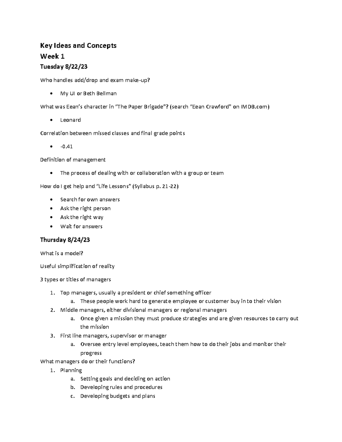 Introduction to Management Mid Term 1-2 - Key Ideas and Concepts Week 1 ...