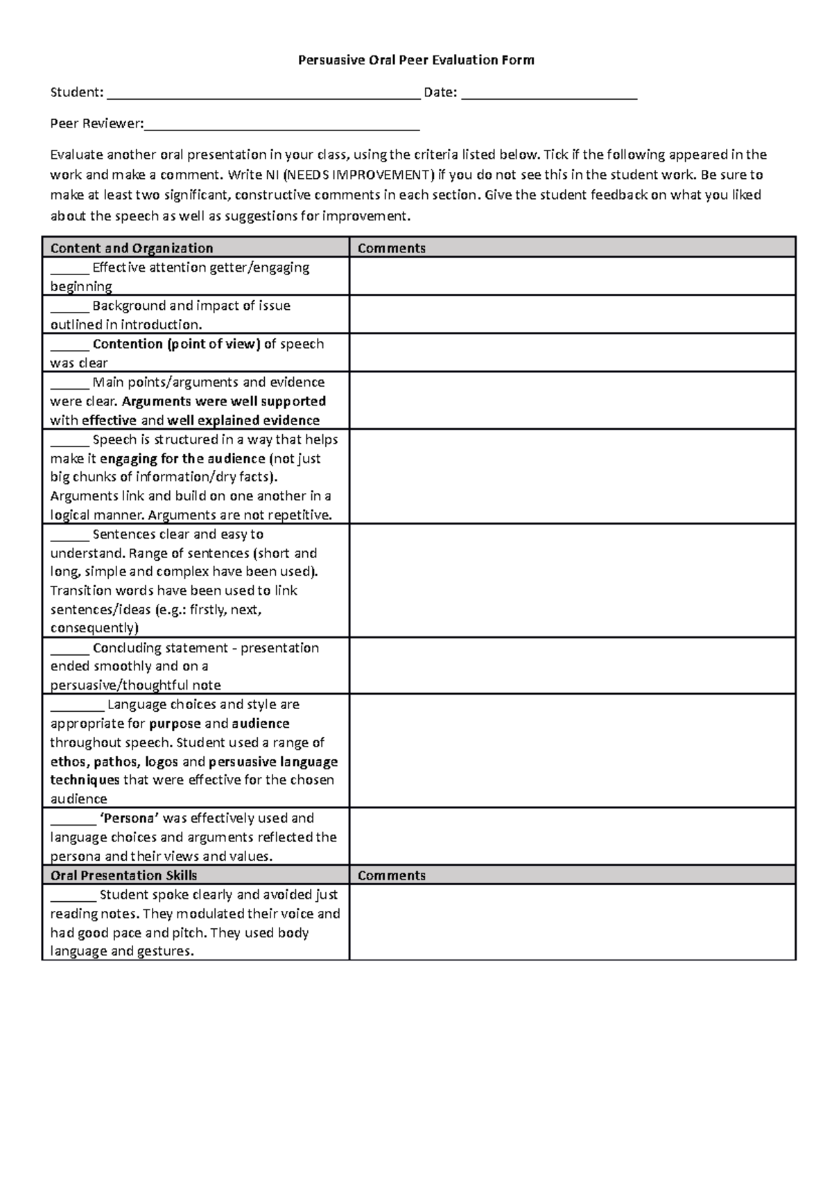 Persuasive Oral Peer Feedback - Persuasive Oral Peer Evaluation Form ...