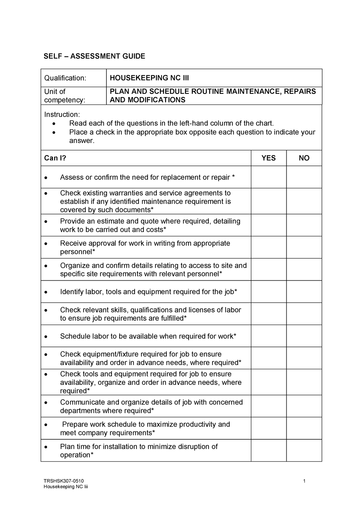 SAG - Housekeeping NC III - TRSHSK307-0510 1 SELF – ASSESSMENT GUIDE ...