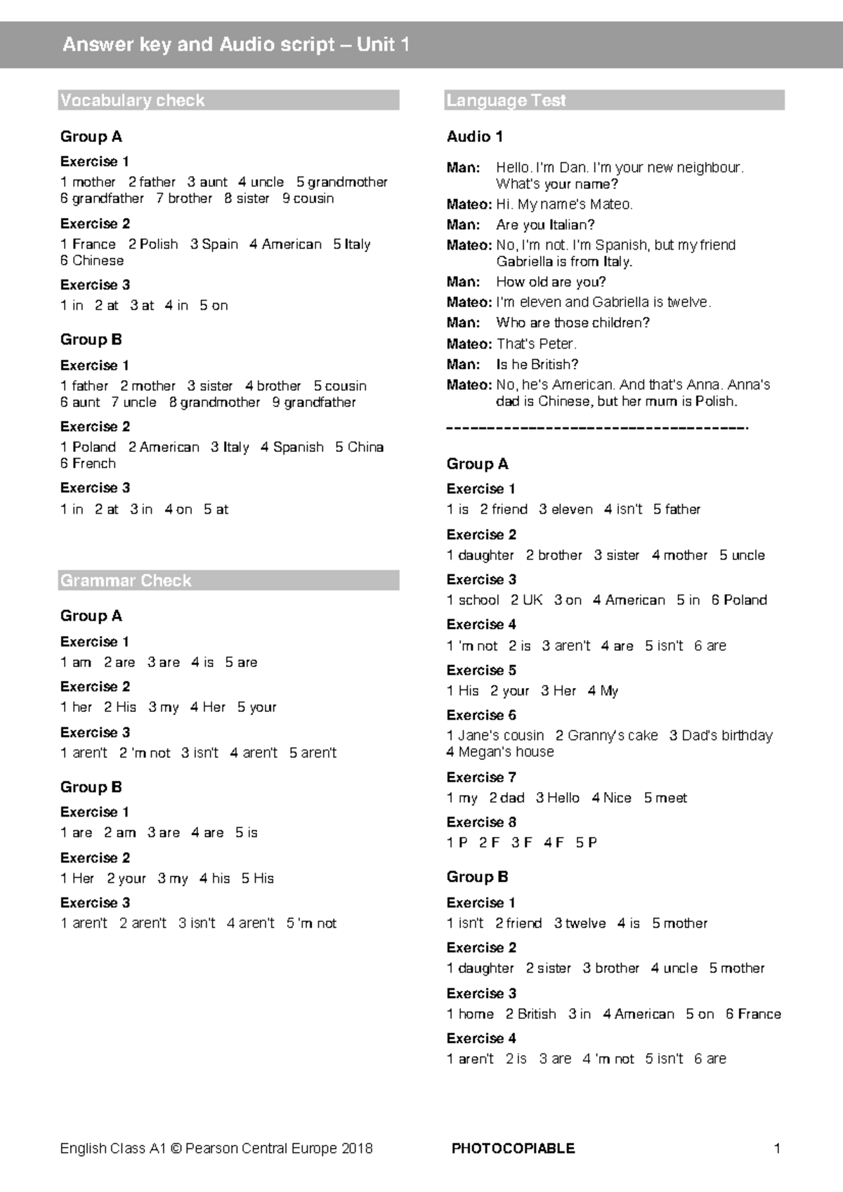 ECA1 Tests Answer Key Audio script U1 new2018 - English Class A1