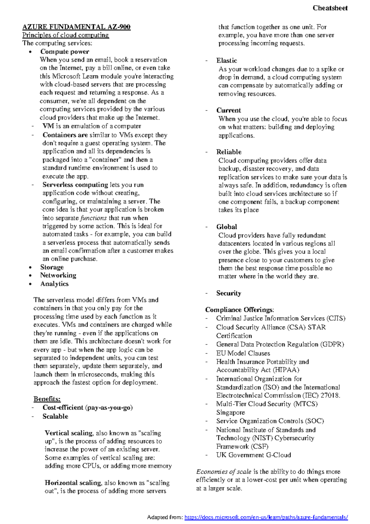Az-900-cheatsheet - AZURE FUNDAMENTAL AZ- 900 Principles of cloud ...