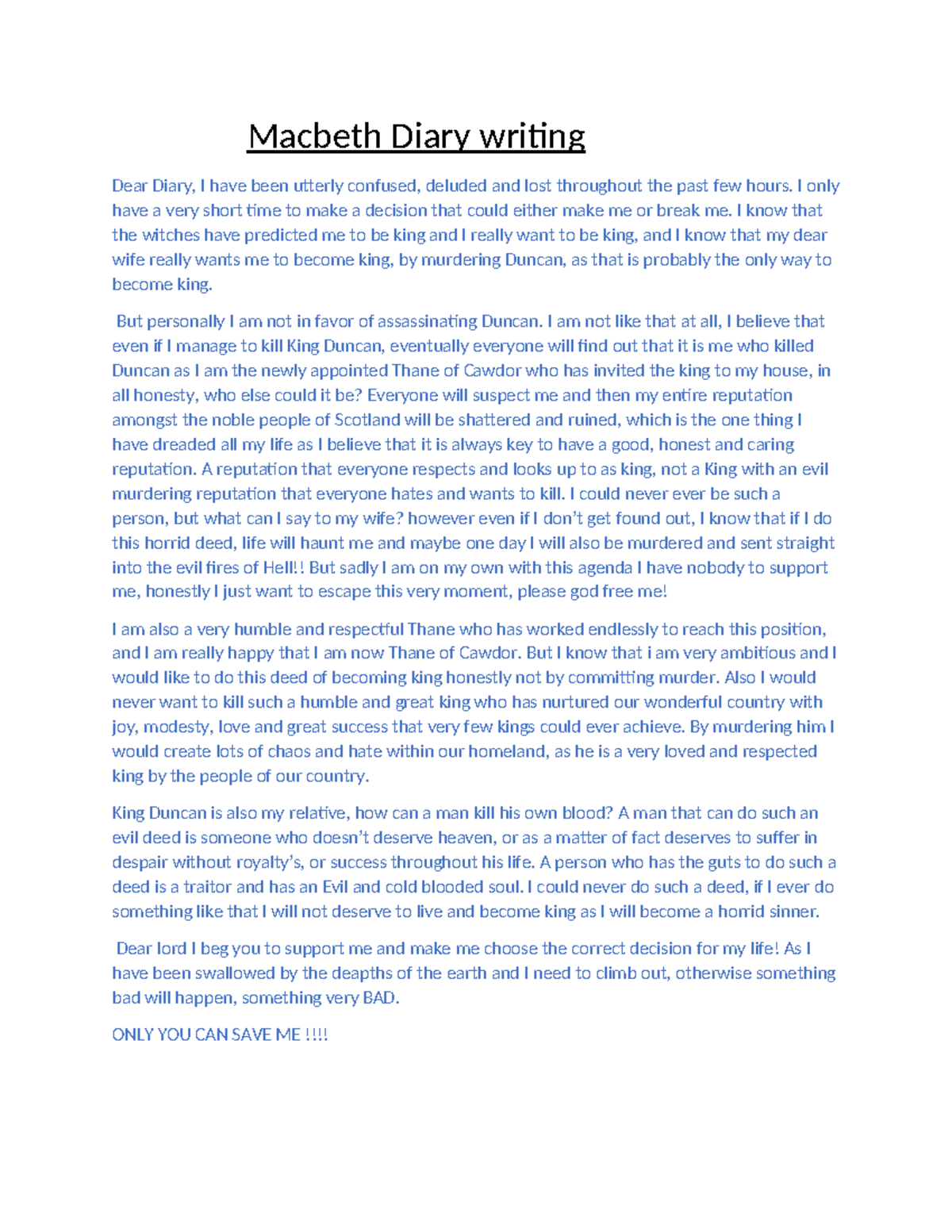 Macbeth diary writing Summary Language and literature Macbeth Diary