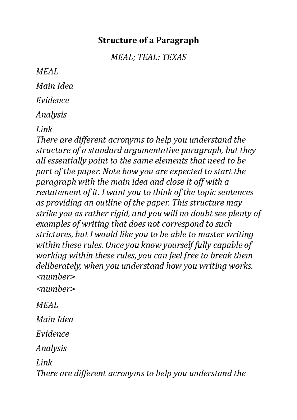 Structure of a Paragraph - Structure of a Paragraph MEAL; TEAL; TEXAS ...