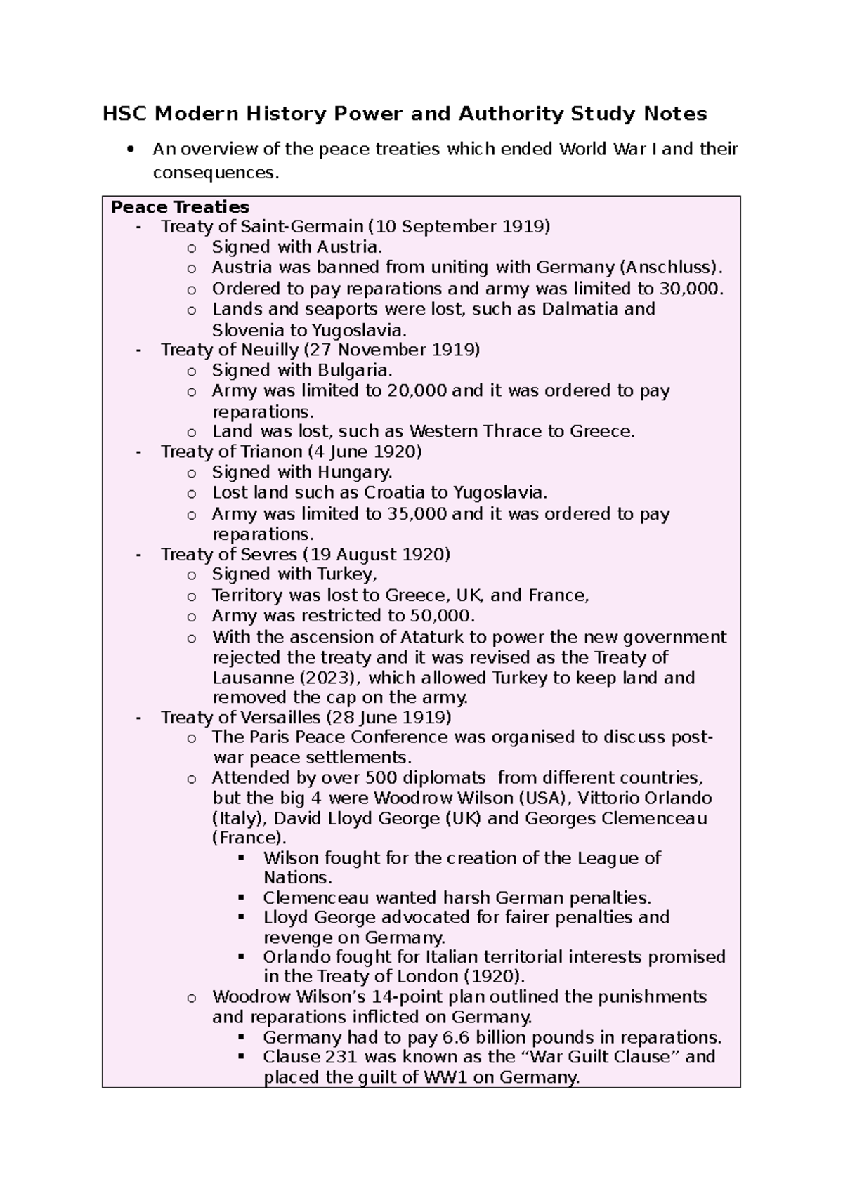 HSC Modern History Power and Authority Study Notes - Peace Treaties ...