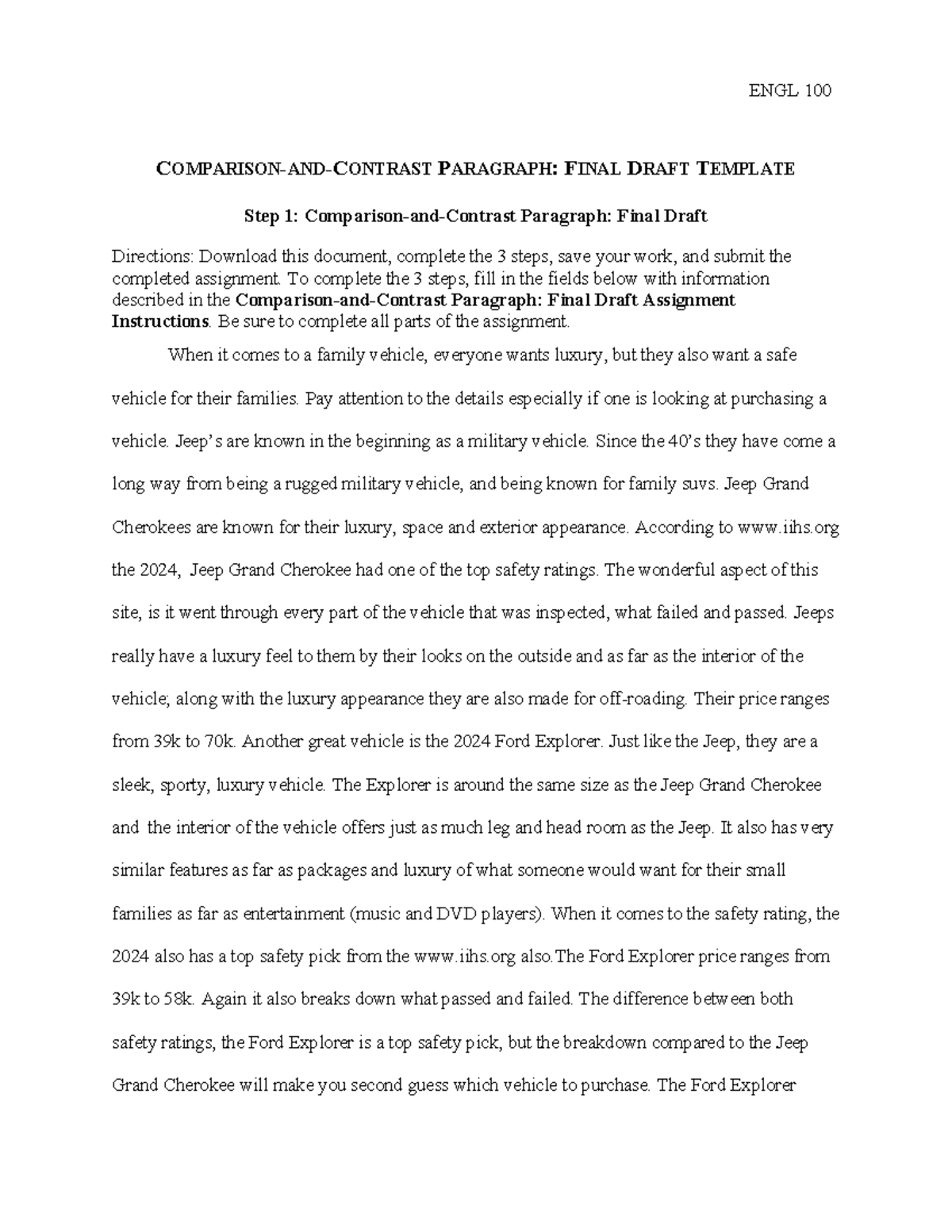 Comparison and Contrast Paragraph Final Draft Template - ENGL 100 ...