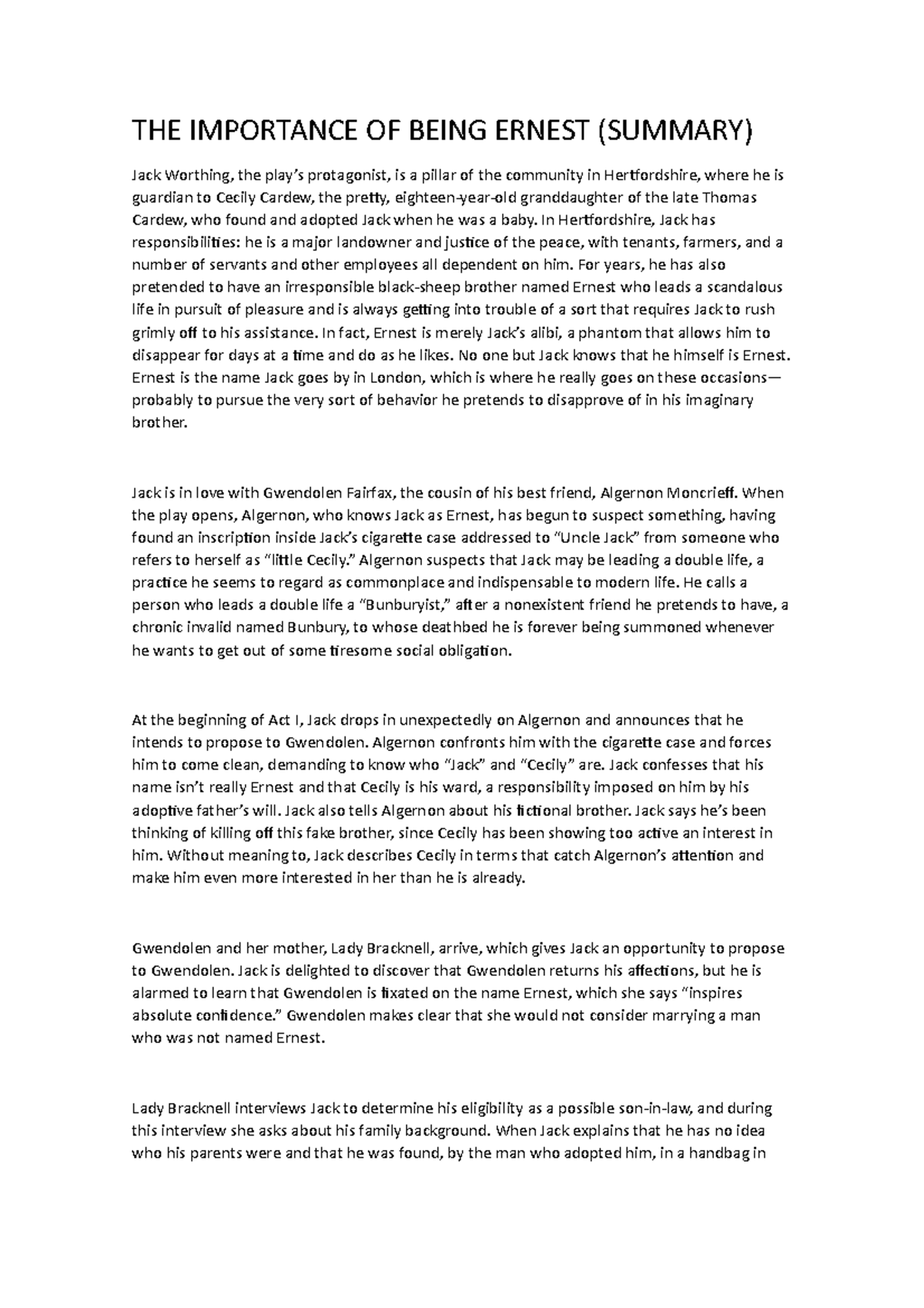 The importance of being Ernest (Summary) - THE IMPORTANCE OF BEING ...