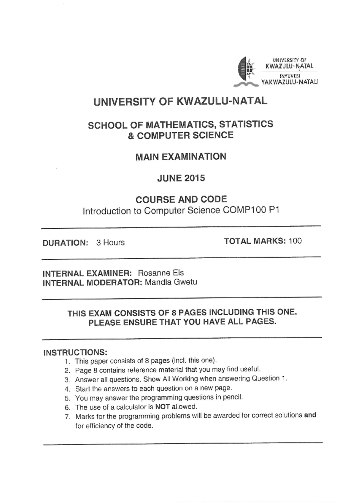 COMP100 P1 06 2015 Y P1 - This is 2016 Question paper for practice ...