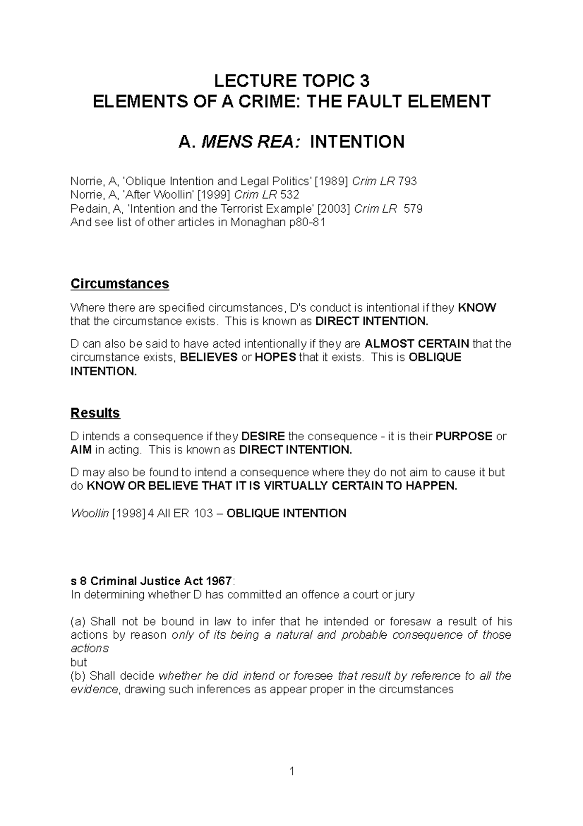 Lecture Topic 3 - Mens Rea and the Fault Element - LECTURE TOPIC 3 ...