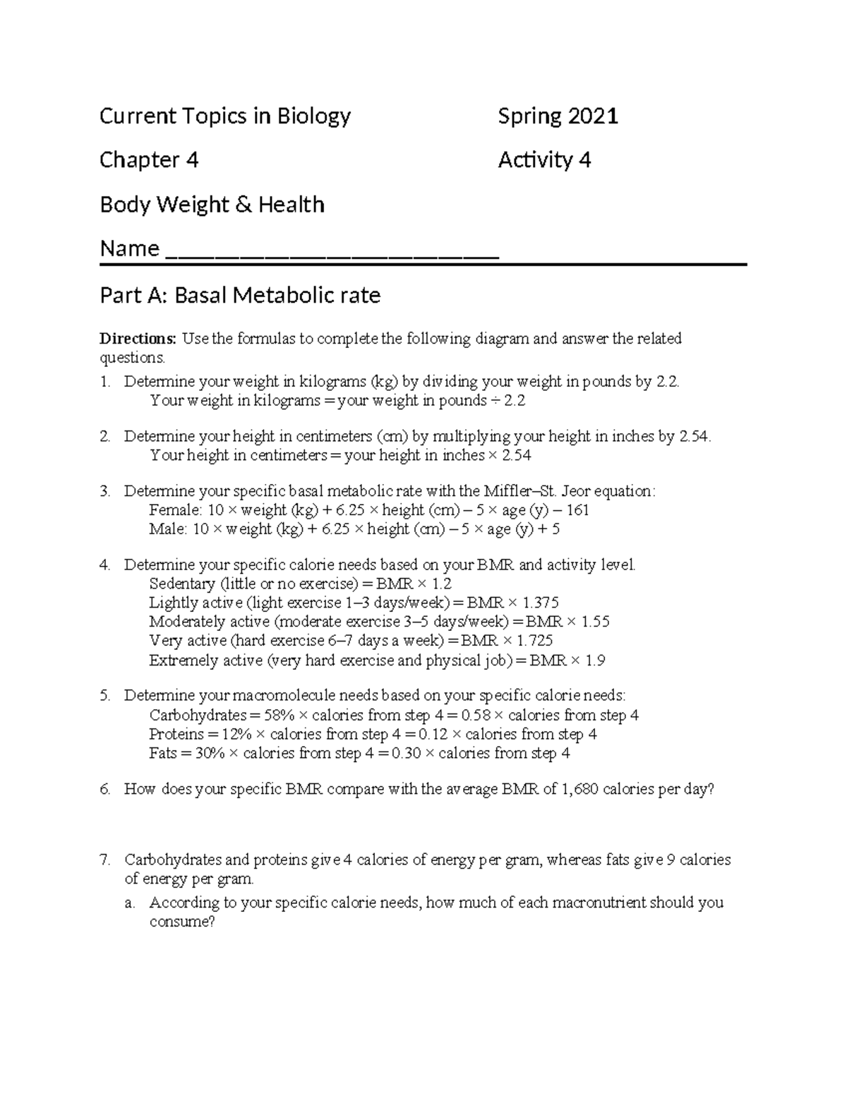 (4) Body Weight & Health Current Topics in Biology Spring 2021