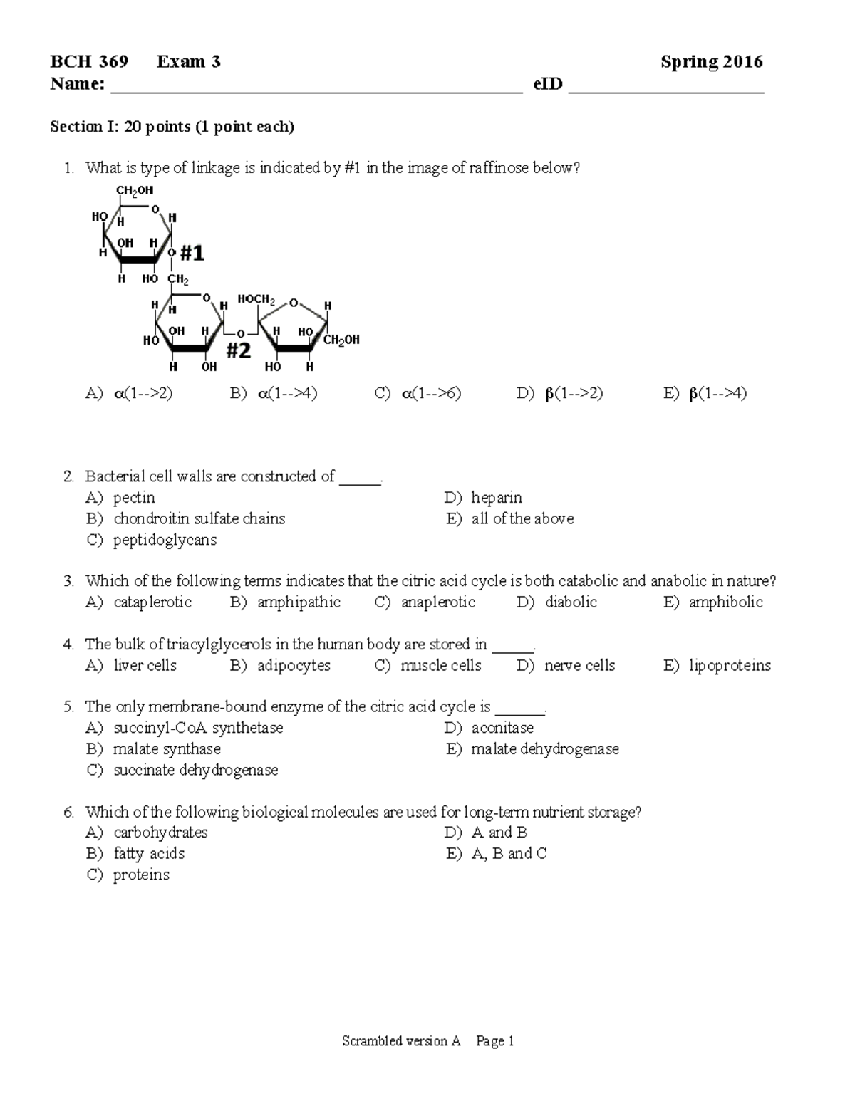 Exam May 2016, questions and answers - BCH 369 Exam 3 ...