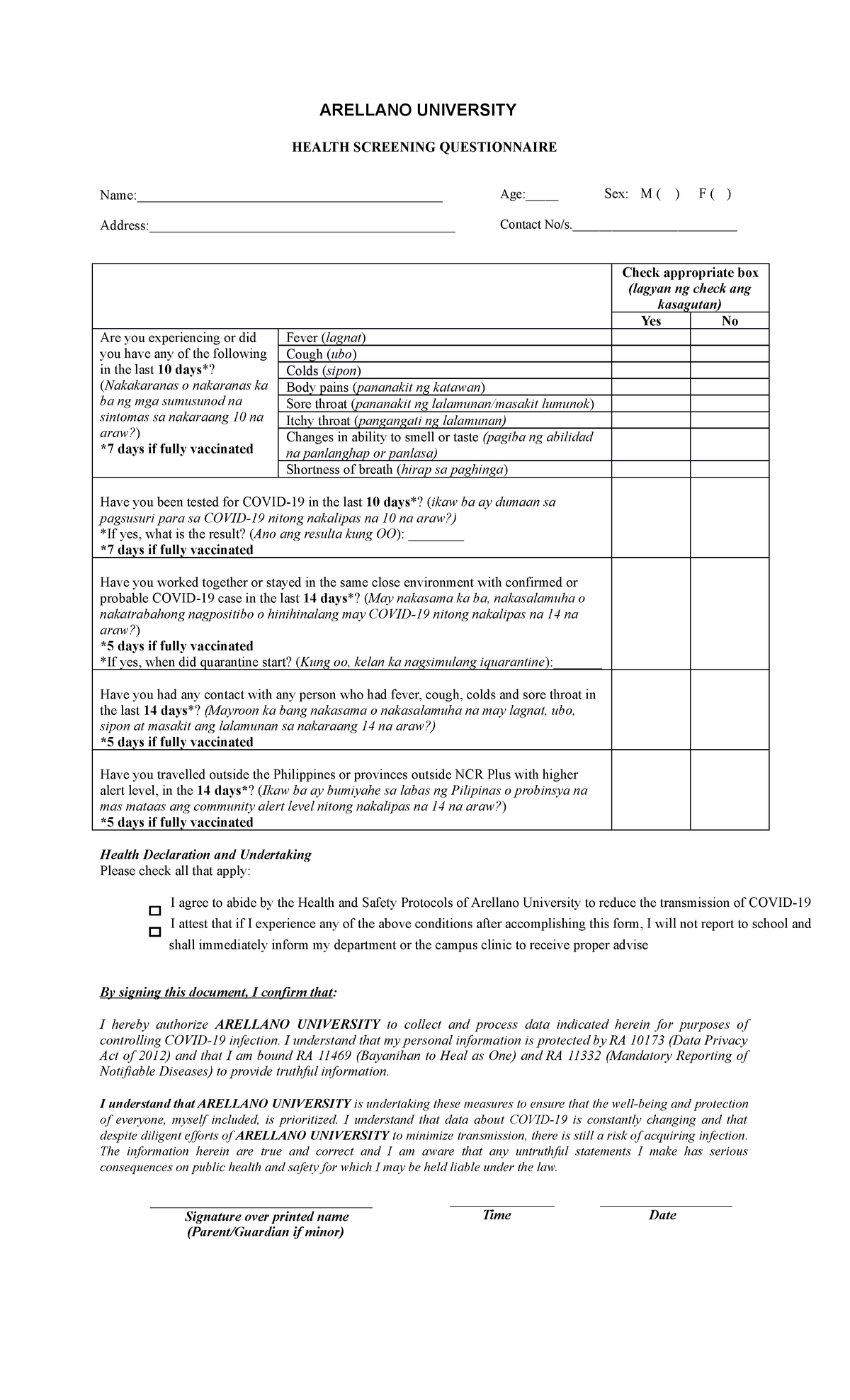 Health Symptoms Questionnaire for F2F - ARELLANO UNIVERSITY HEALTH ...