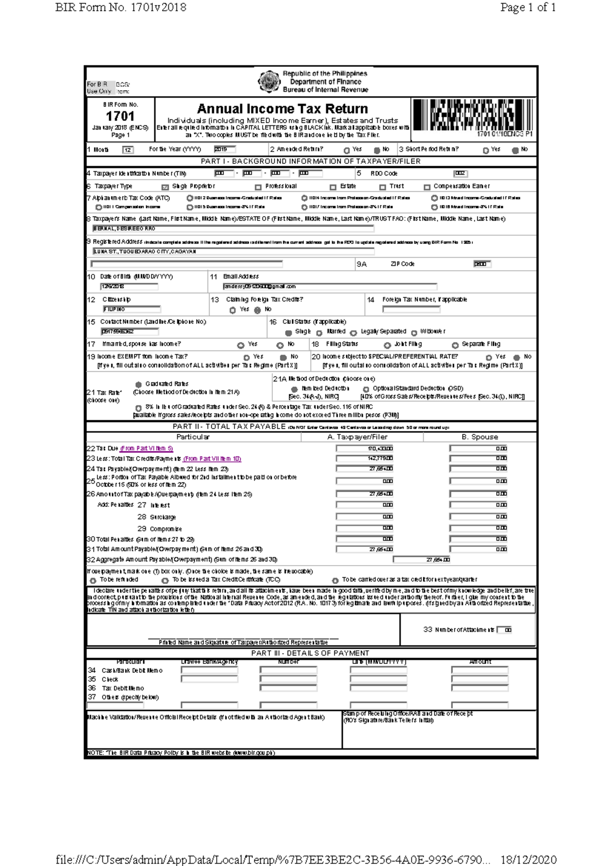 Bernal Desiree O. Bsacc-2A Income Tax Return + FS - BIR Form No. 1701 J ...
