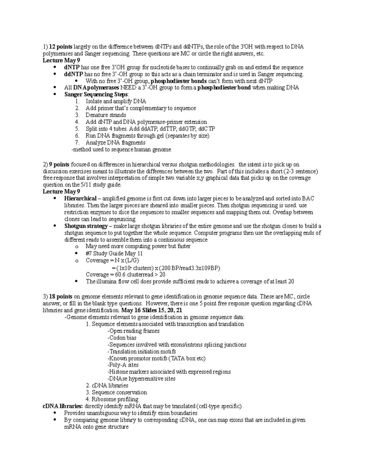 Genetics Study Guide - Lecture notes 1-7 - 1) 12 points largely on the ...