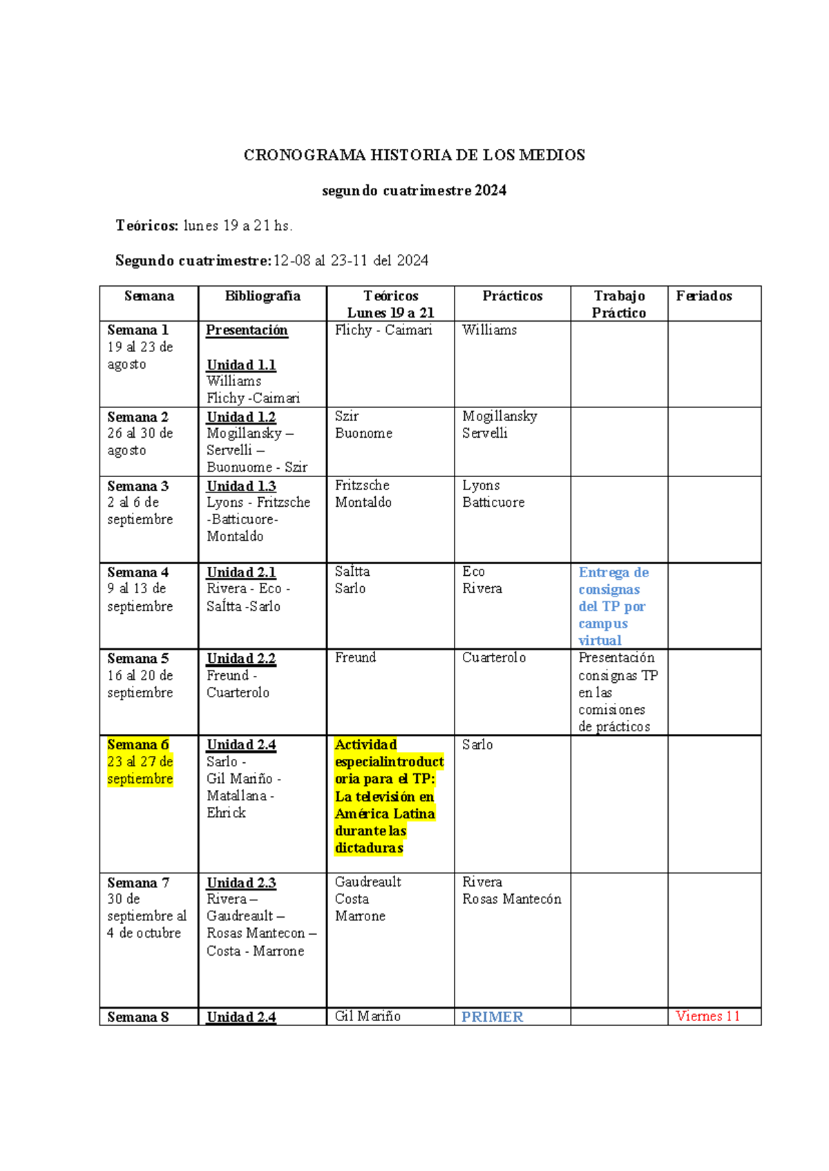 Cronograma Segundo Cuatrimestre 2024 actualizacion de fechas ...