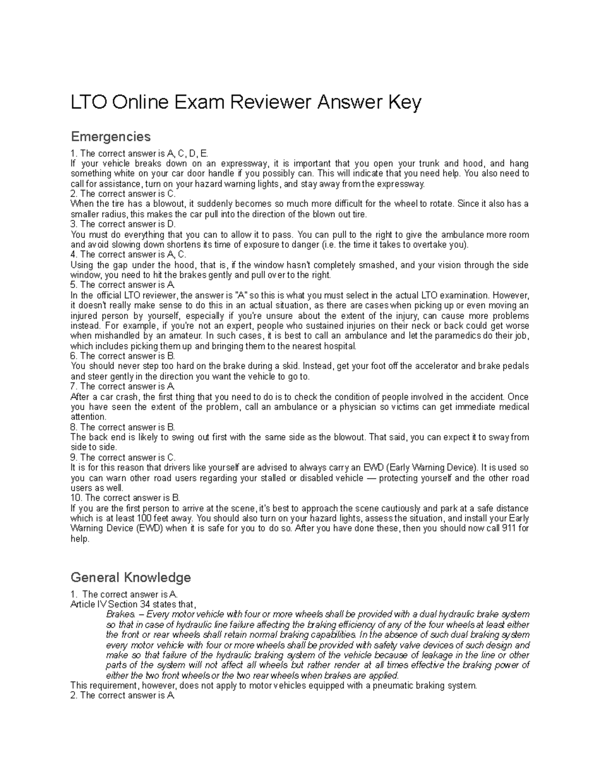LTO Online Exam answer key LTO Online Exam Reviewer Answer Key