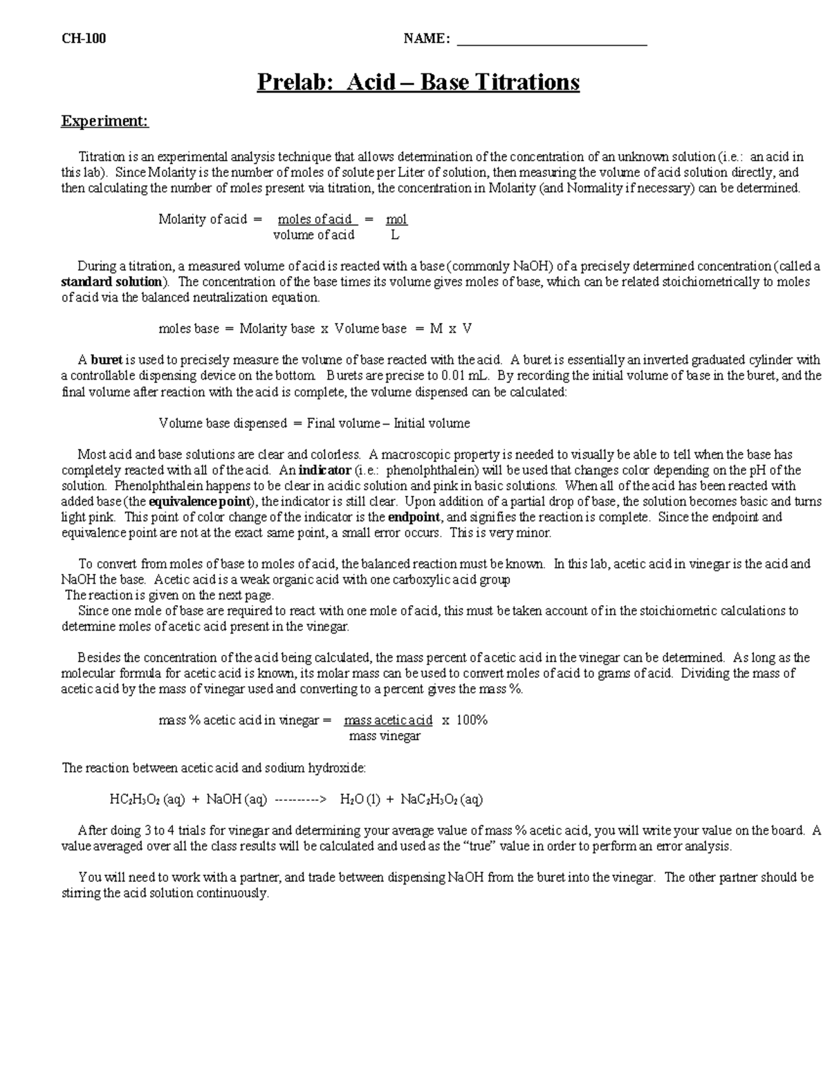 AcidBase Titration Prelab Prelab Acid Base Titrations Experiment