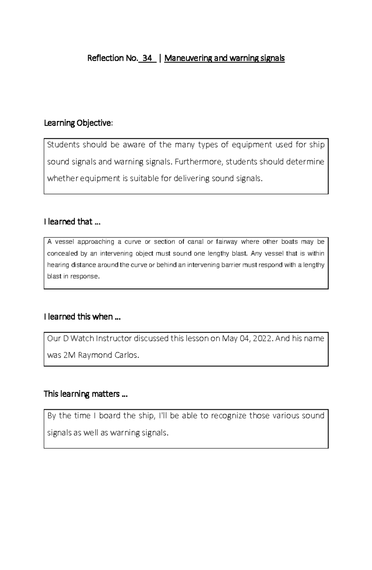 Rule 34 Reflection Reflection No._ 34 _ Maneuvering and warning signals Learning Objective