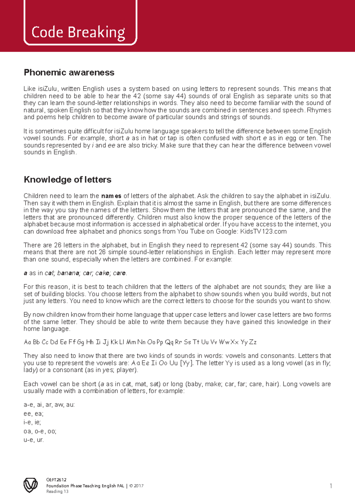 OEFT2612 Reading 13 - Code Breaking Phonemic awareness Like isiZulu ...