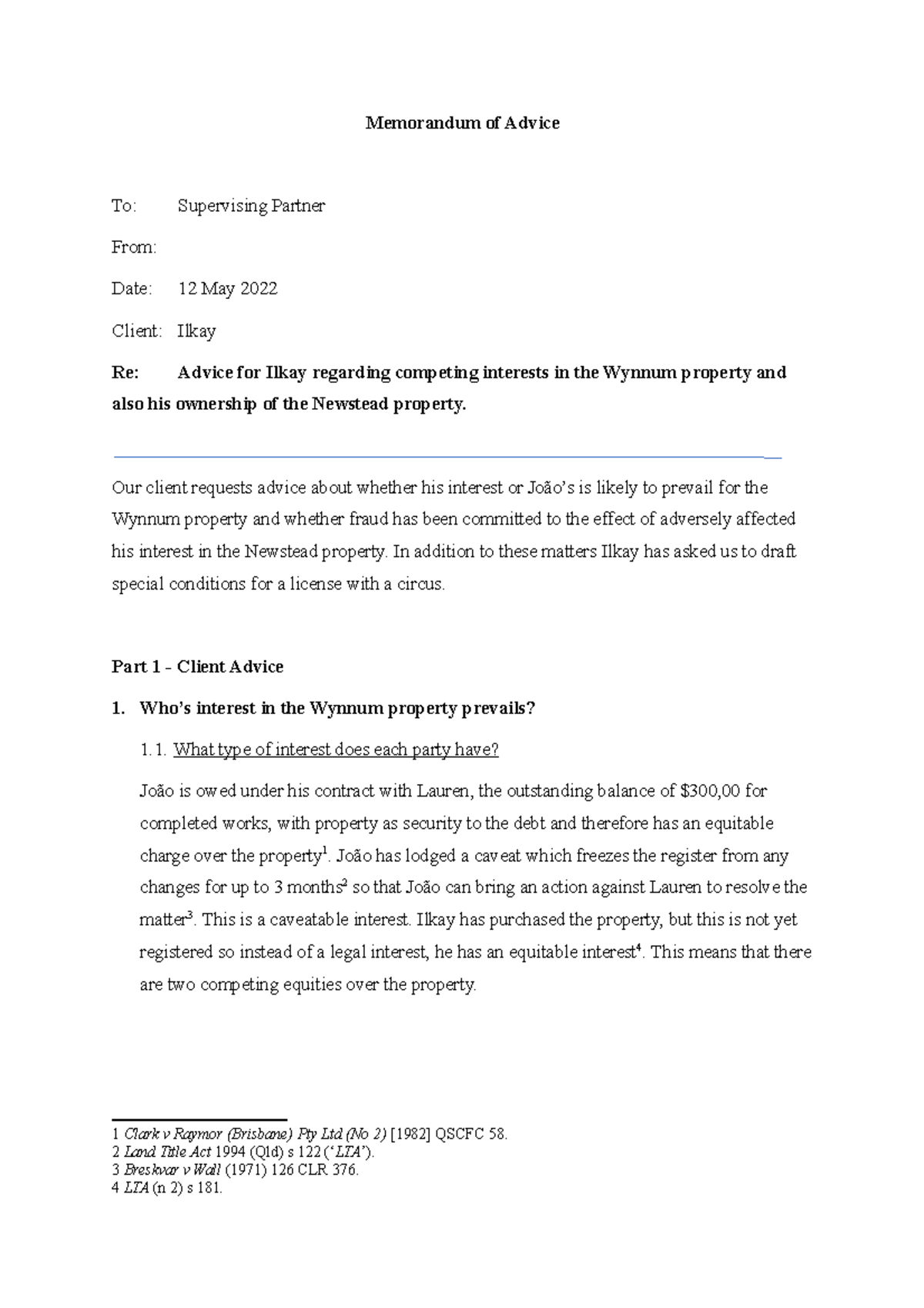 LLB301 Memorandum of Advice - Memorandum of Advice To: Supervising ...