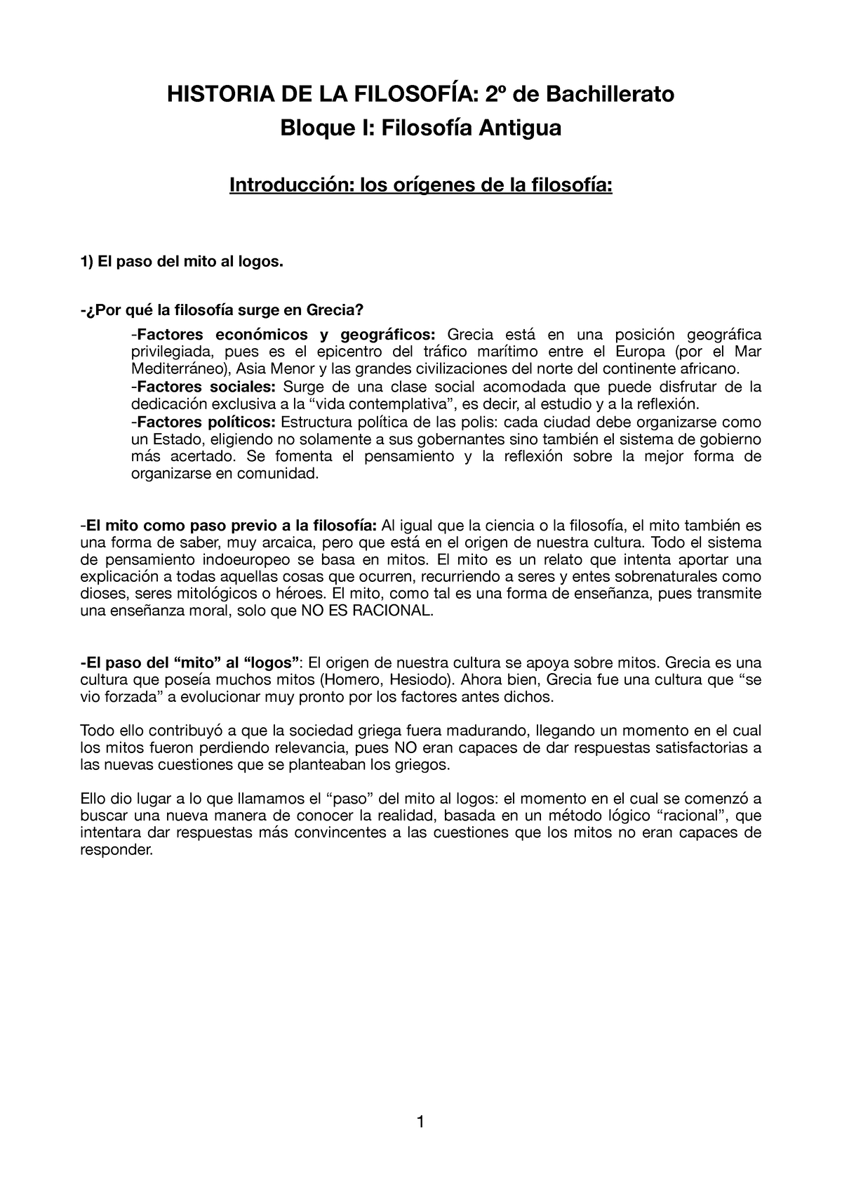 Apuntes Profe Bloque 1 Filo - HISTORIA DE LA FILOSOFÍA: 2º De ...