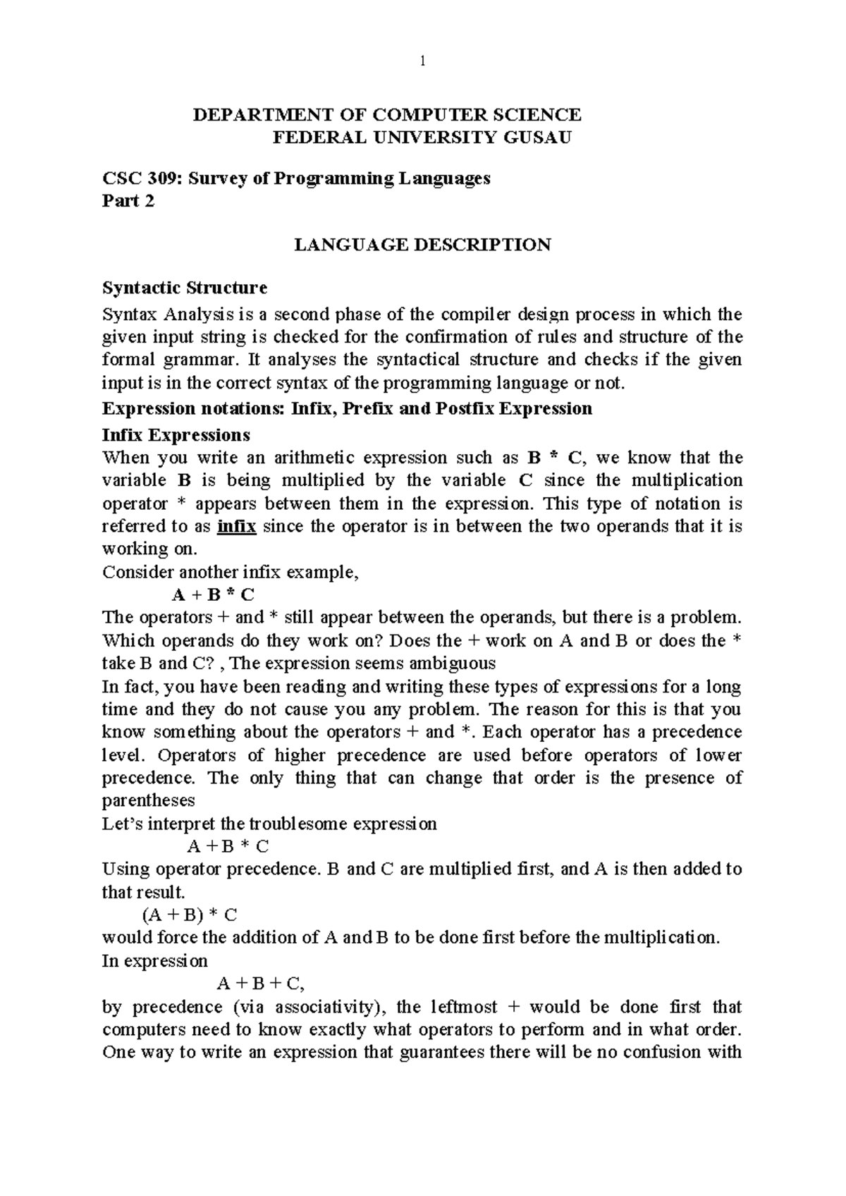 CSC 309 part 2 Survey of Progr - DEPARTMENT OF COMPUTER SCIENCE FEDERAL ...