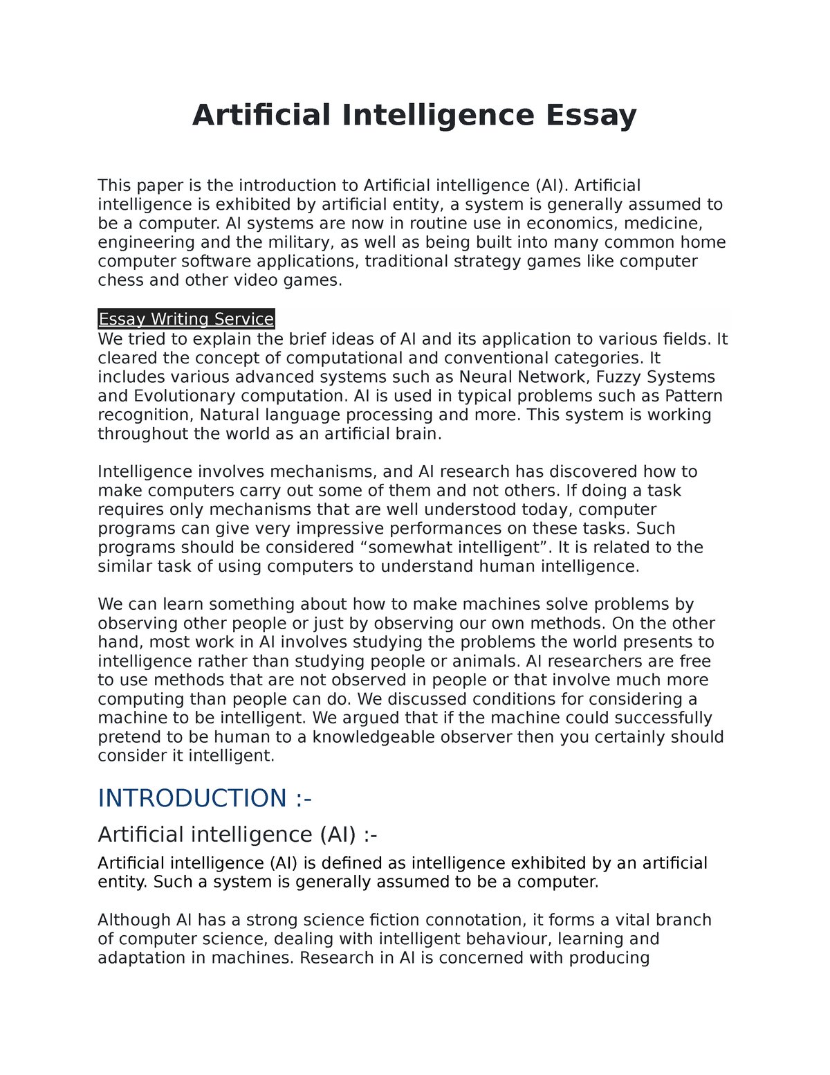 applications of artificial intelligence essay