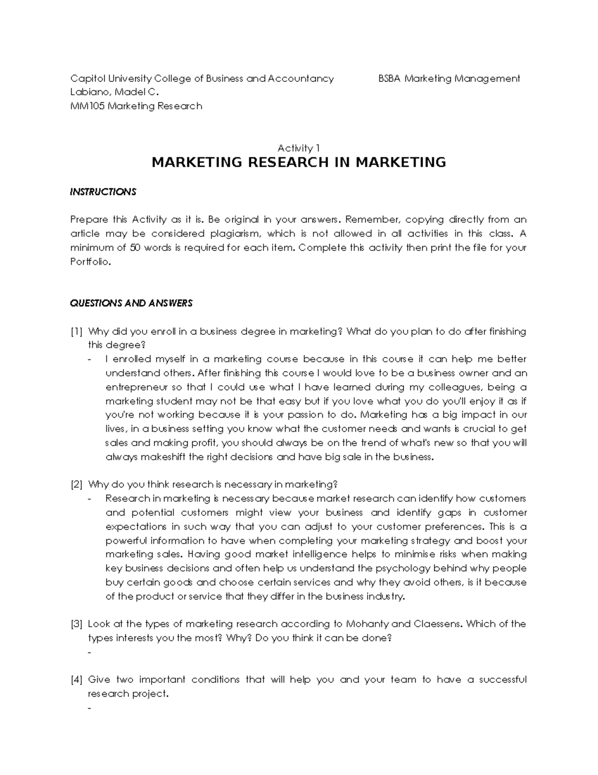 Mm105 Activity 1 Marketing Research in Marketing - Capitol University ...