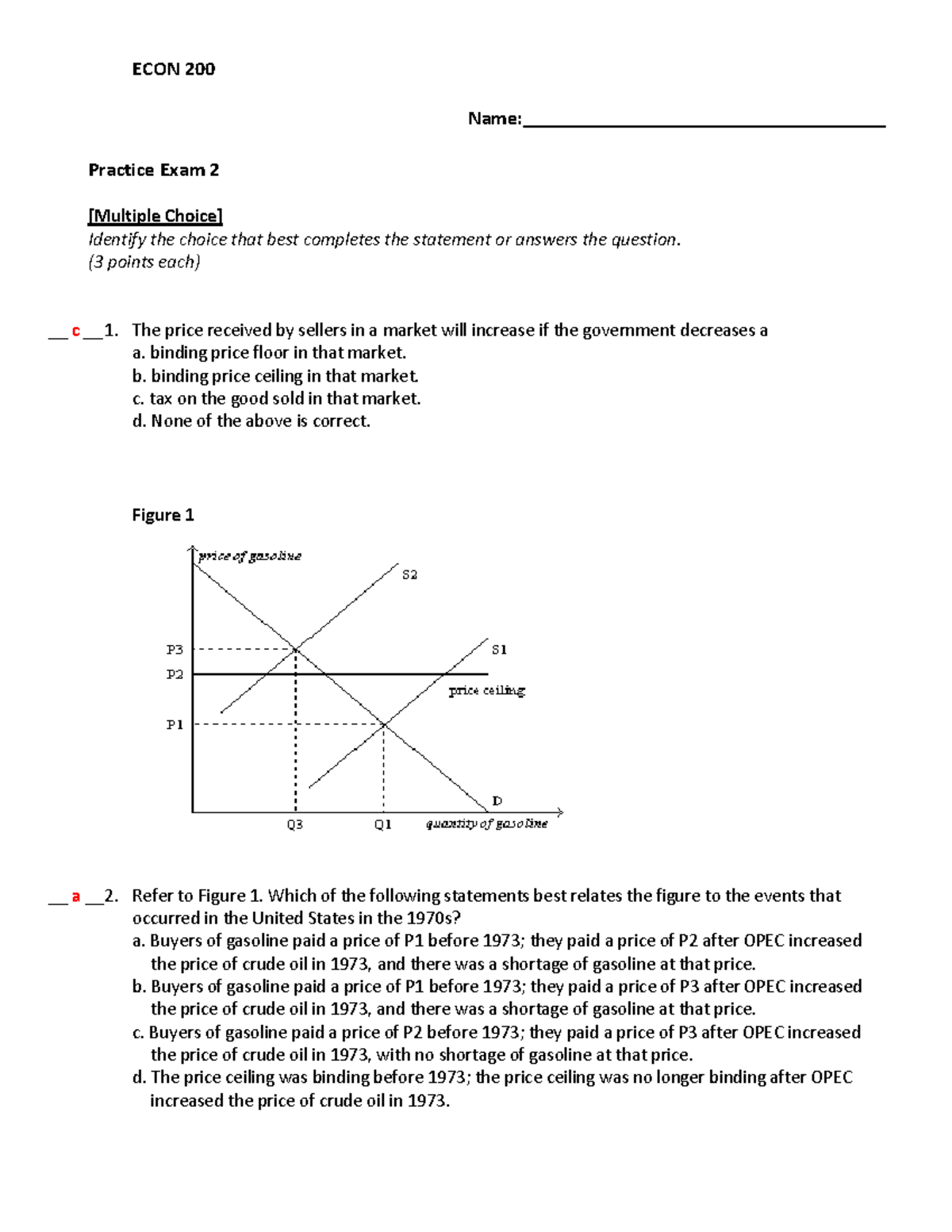 Practice Exam 2 Solution Hint - ECON 200 Name ...