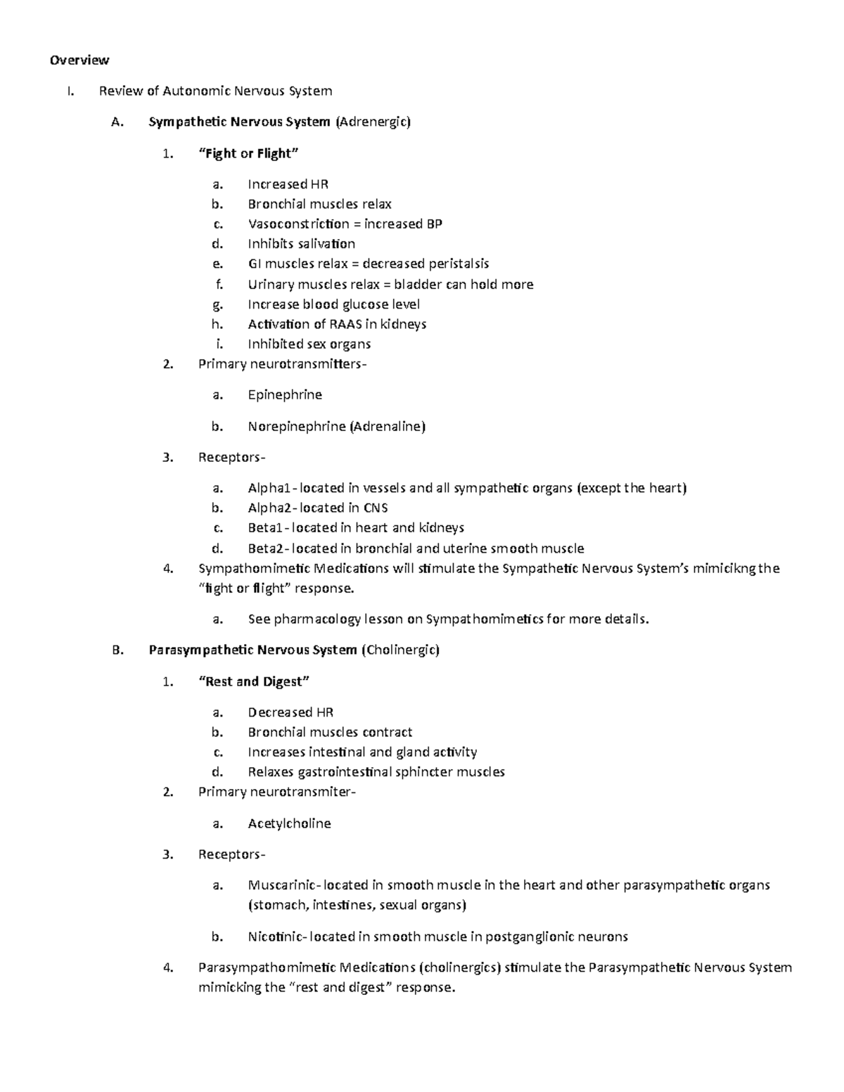 Overview Autonomic Nervous System - Overview I. Review of Autonomic ...