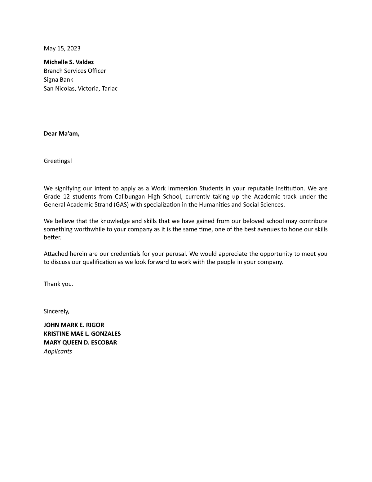 Letter of application 1 - May 15, 2023 Michelle S. Valdez Branch ...