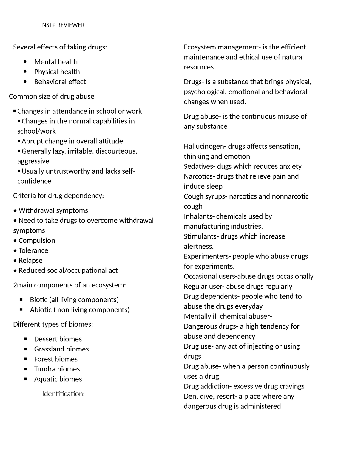 NSTP Reviewer - welcome - NSTP REVIEWER Several effects of taking drugs ...