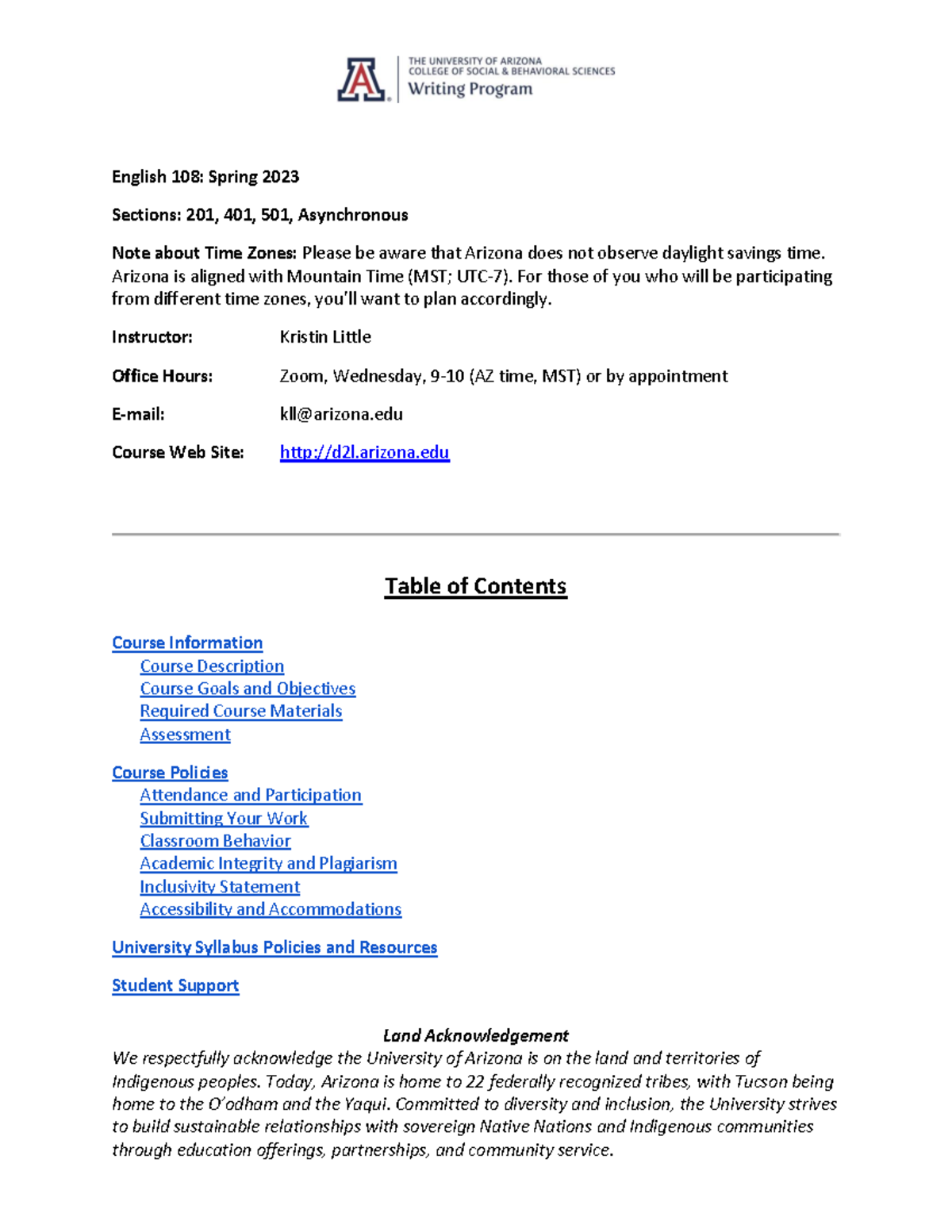 108 Syllabus Spring 2023 - Land Acknowledgement We respectfully ...